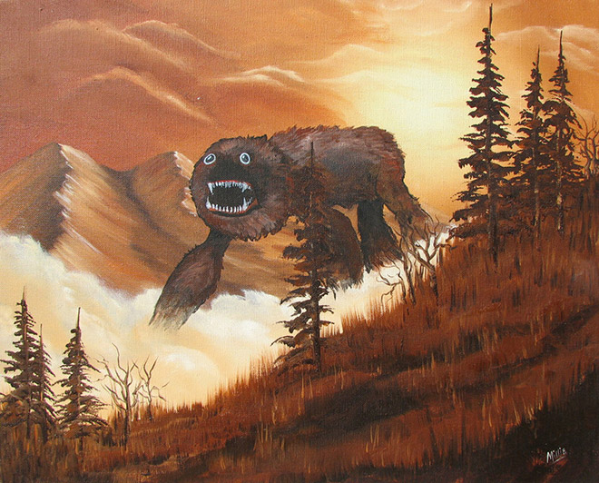 Monster added to a thrift store painting.