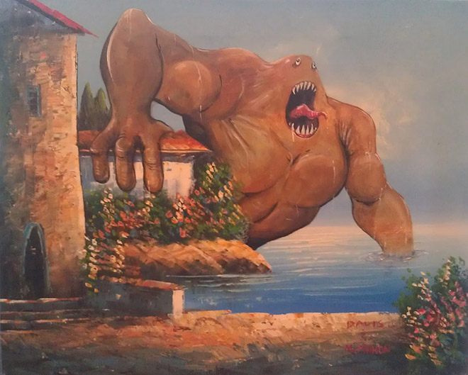 Monster added to a thrift store painting.