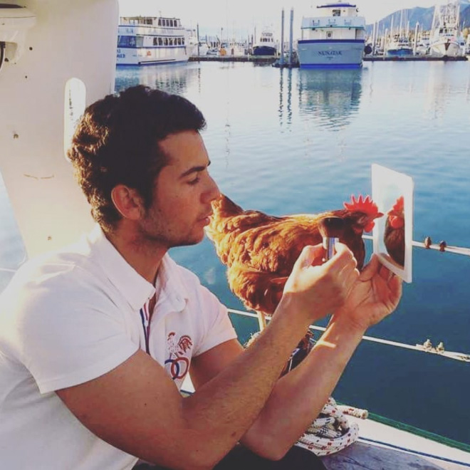 This guy sails around the world with his pet chicken.