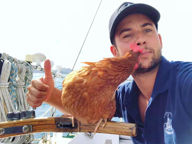 This guy sails around the world with his pet chicken.