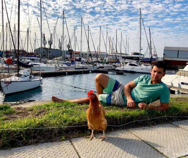 This guy sails around the world with his pet chicken.