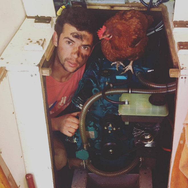 This guy sails around the world with his pet chicken.