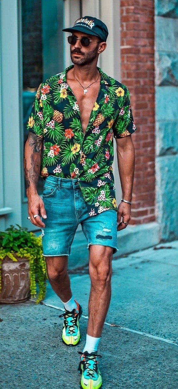 Floral Shirt- Denim Shorts Combination for Summer