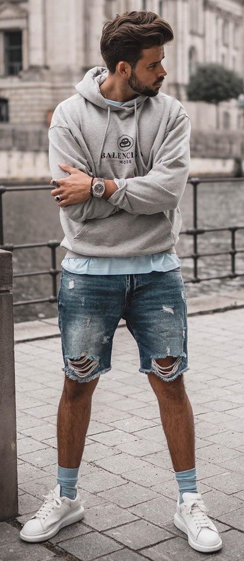 Grey Hoodie and Denim Shorts Outfit