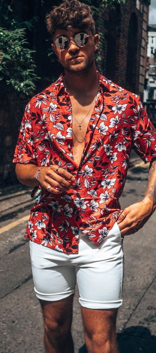 Red Printed Shirt and White Shorts