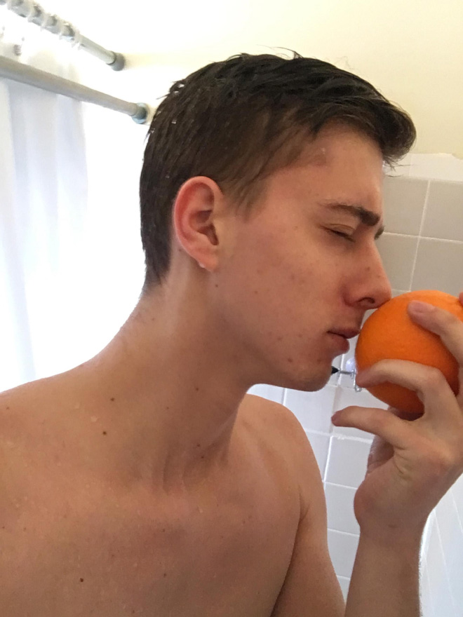 Showering with an orange.
