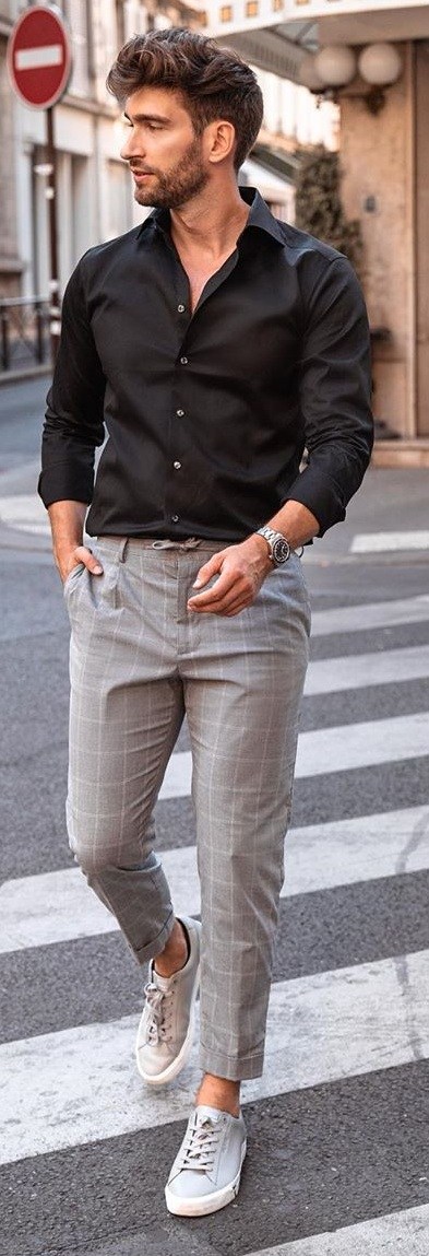 Downstring Trousers And Black Shirt Outfit