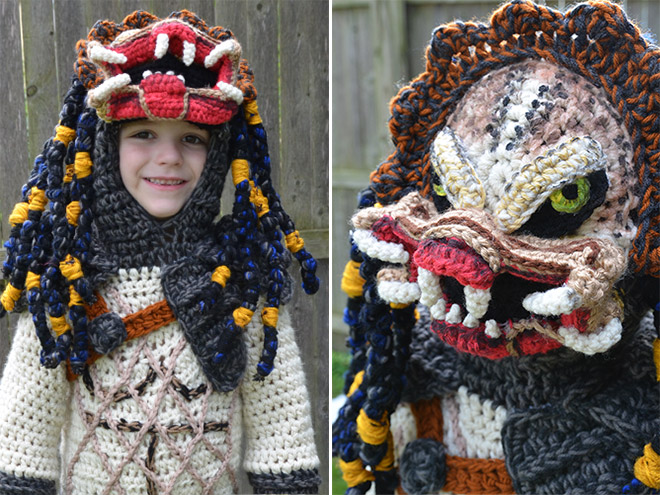 Crocheted Predator costume.