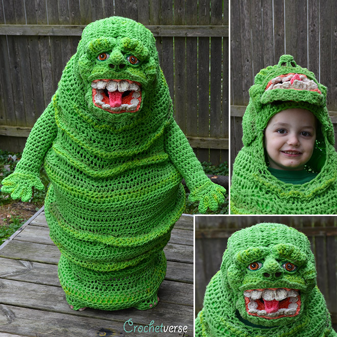 Crocheted Slimer costume.