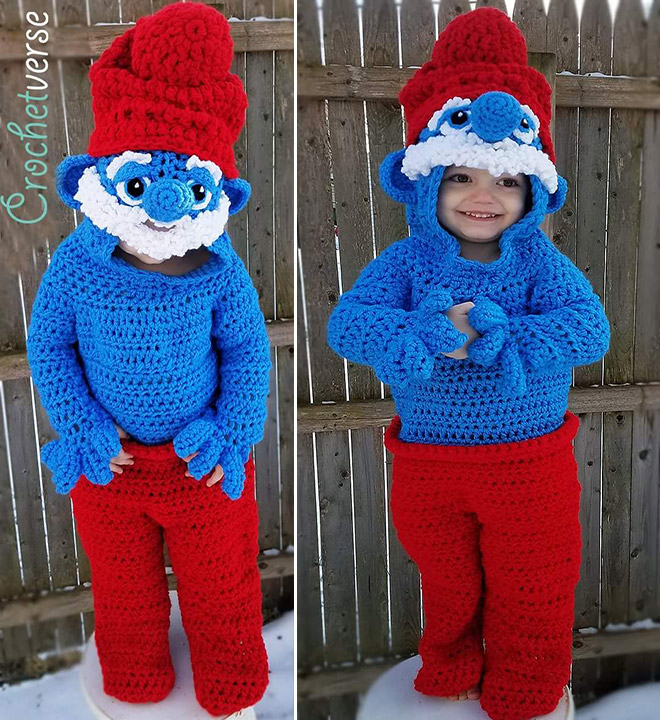 Crocheted Papa Smurf costume.