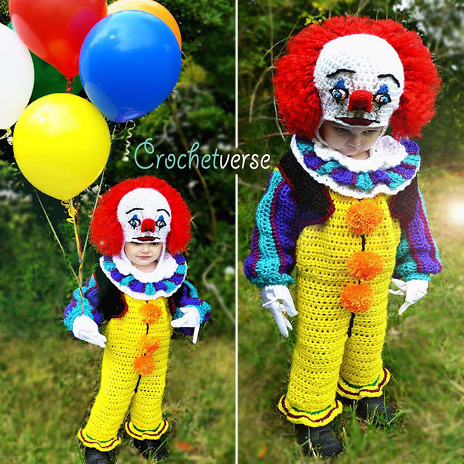 Crocheted clown costume.