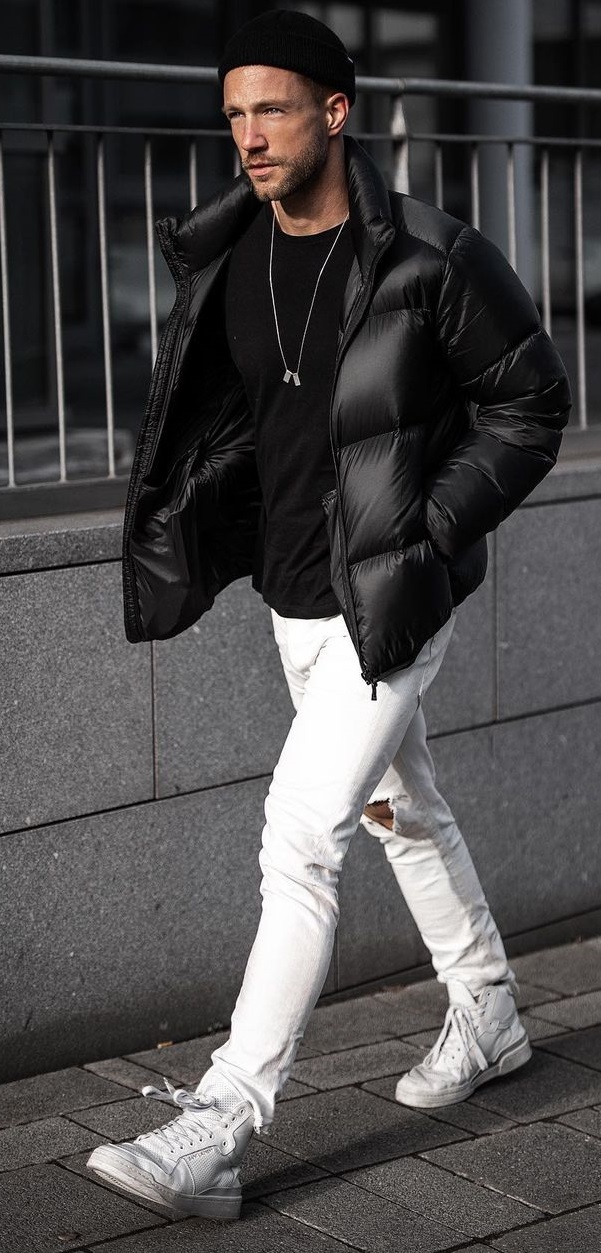Black Bomber Jacket- Black Tee- White Pants Outfit Ideas