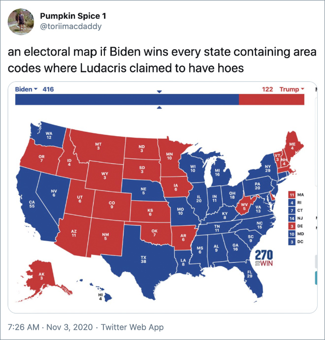 an electoral map if Biden wins every state containing area codes where Ludacris claimed to have hoes