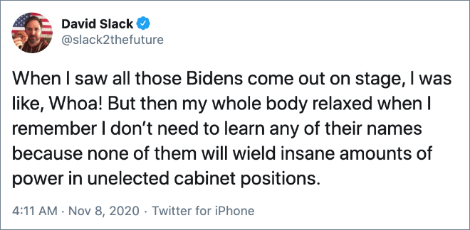 When I saw all those Bidens come out on stage, I was like, Whoa! But then my whole body relaxed when I remember I don’t need to learn any of their names because none of them will wield insane amounts of power in unelected cabinet positions.