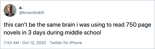 this can’t be the same brain i was using to read 750 page novels in 3 days during middle school