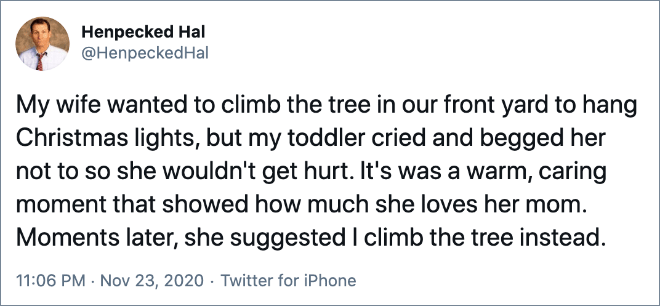 My wife wanted to climb the tree in our front yard to hang Christmas lights, but my toddler cried and begged her not to so she wouldn't get hurt. It's was a warm, caring moment that showed how much she loves her mom. Moments later, she suggested I climb the tree instead.