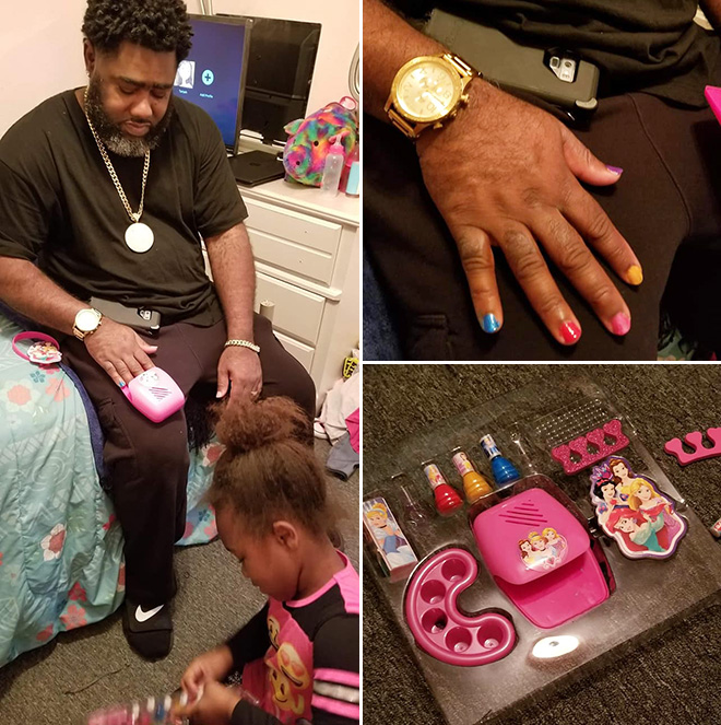 When daughter does dad's nails.