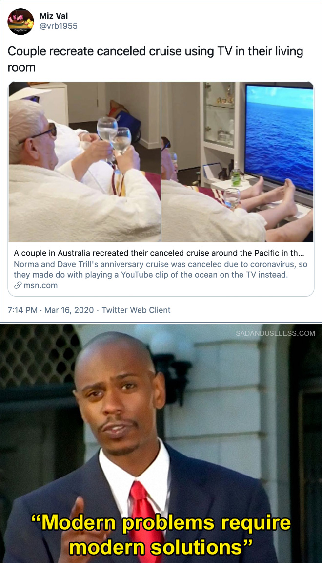 Couple recreate canceled cruise using TV in their living room.