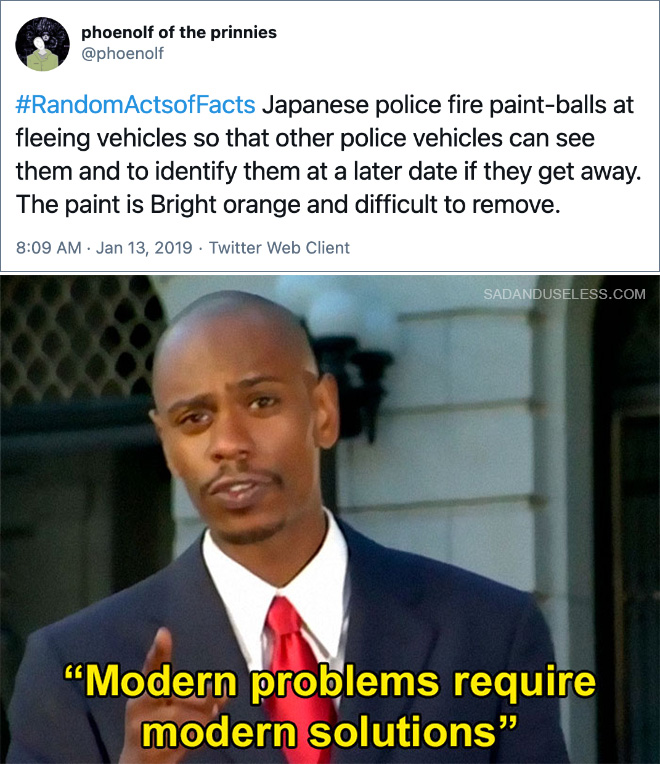 Japanese police fire paint-balls at fleeing vehicles so that other police vehicles can see them and to identify them at a later date if they get away. The paint is Bright orange and difficult to remove.