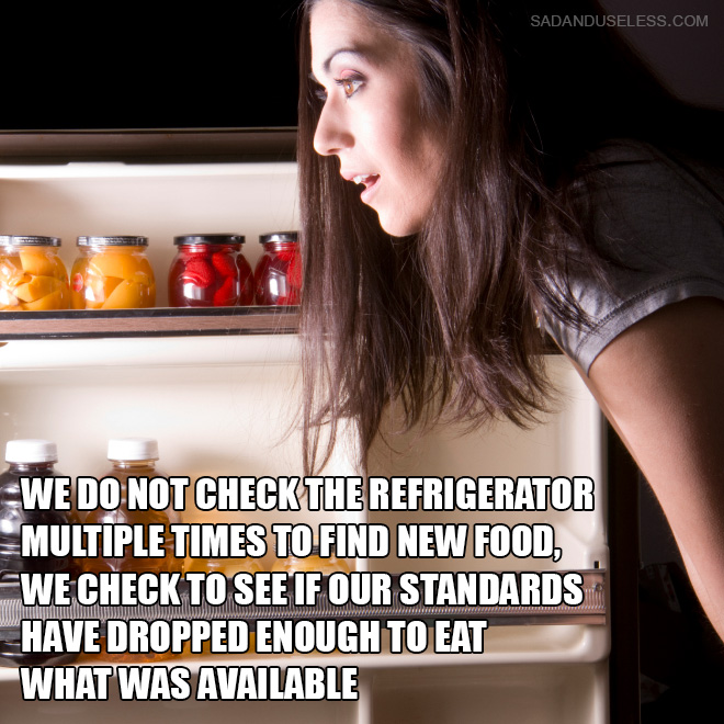 We do not check the refrigerator multiple times to find new food, we check to see if our standards have dropped enough to eat what was available.