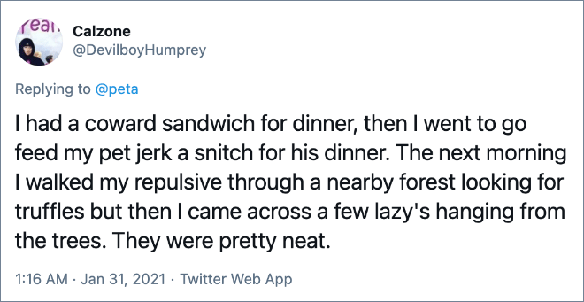 I had a coward sandwich for dinner, then I went to go feed my pet jerk a snitch for his dinner. The next morning I walked my repulsive through a nearby forest looking for truffles but then I came across a few lazy's hanging from the trees. They were pretty neat.