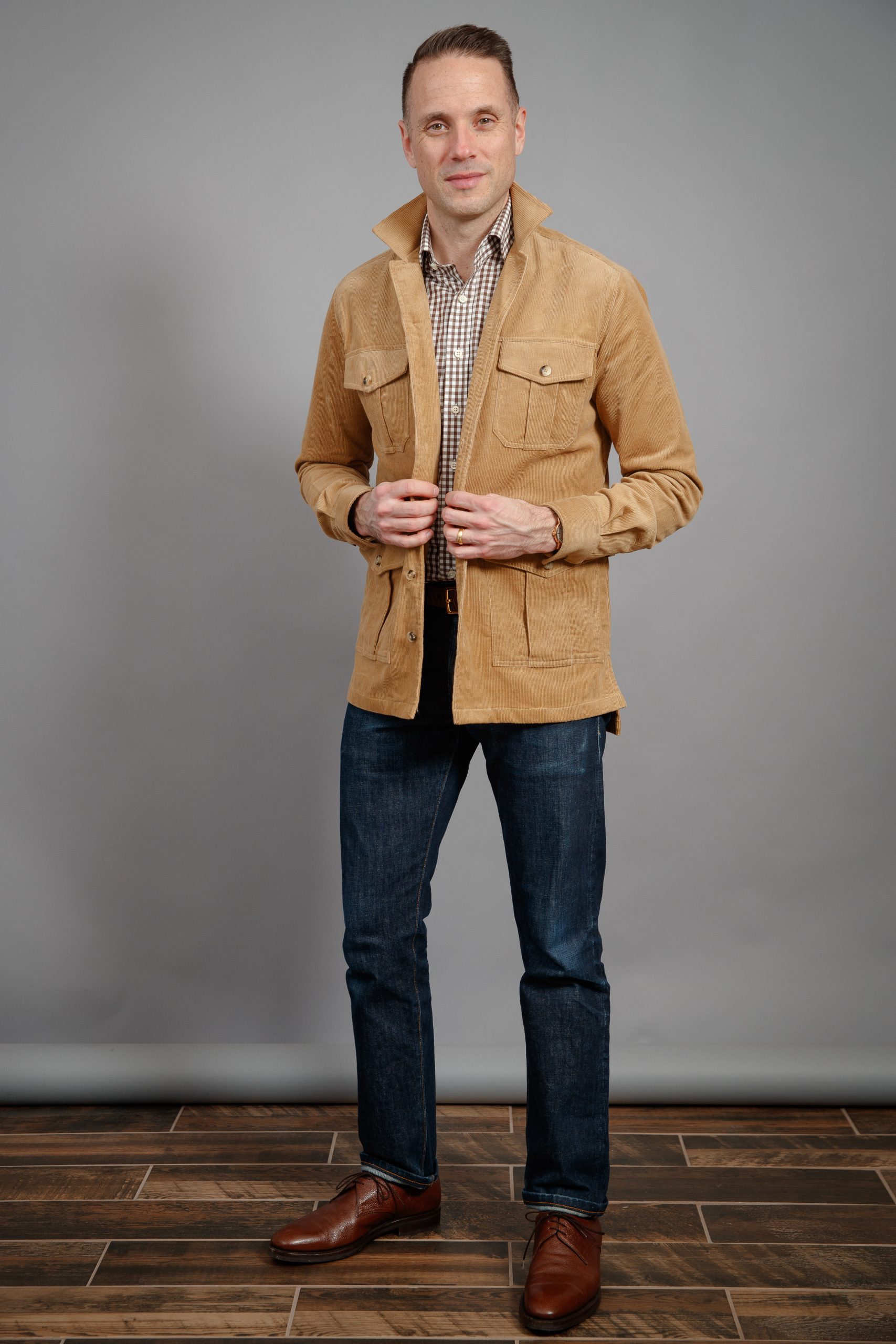 what-looks-good-with-a-brown-camel-corduroy-shirt-jacket-and-brown-shoes