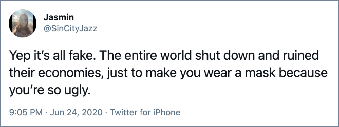 Yep it’s all fake. The entire world shut down and ruined their economies, just to make you wear a mask because you’re so ugly.