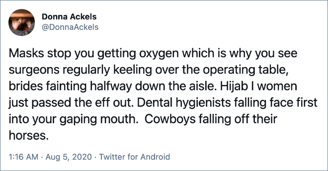 Masks stop you getting oxygen which is why you see surgeons regularly keeling over the operating table, brides fainting halfway down the aisle. Hijab I women just passed the eff out. Dental hygienists falling face first into your gaping mouth. Cowboys falling off their horses.