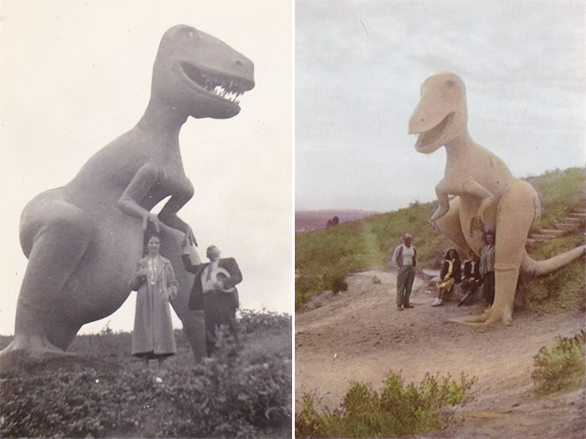 Hilariously bad dinosaur statues.