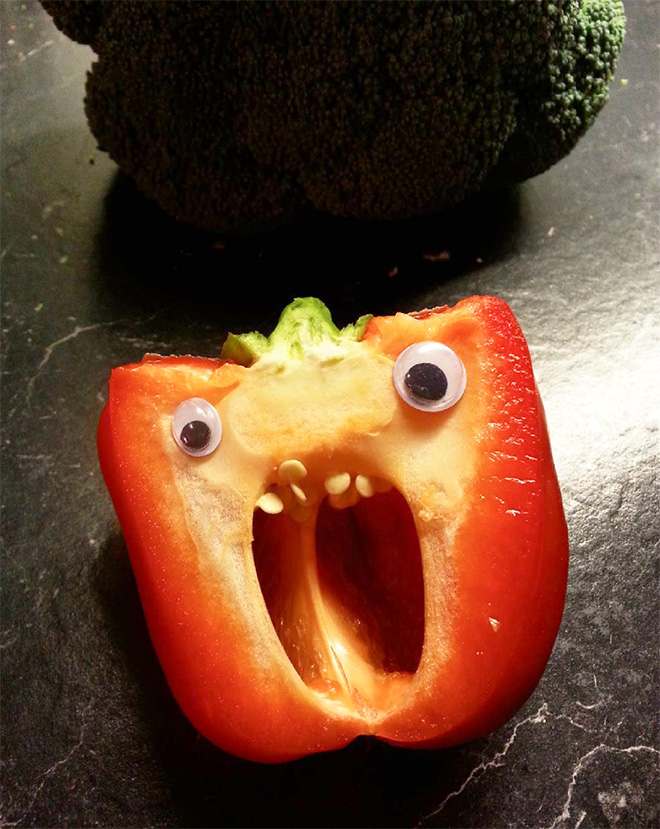 Bell pepper with googly eyes.