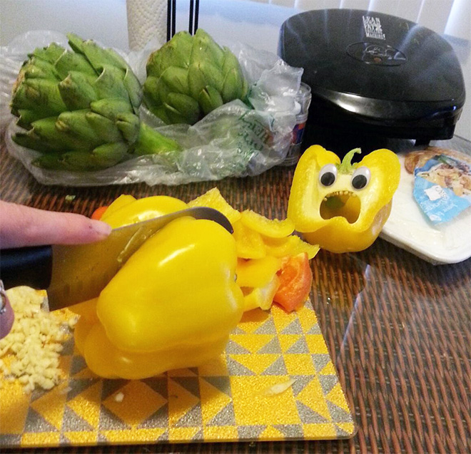 Bell pepper with googly eyes.