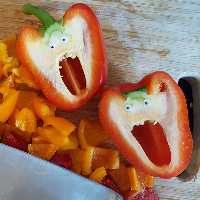 Bell peppers with googly eyes.