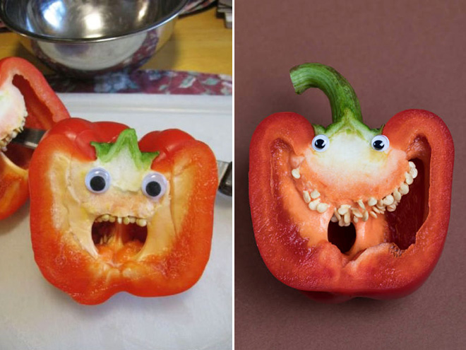 Bell peppers with googly eyes.