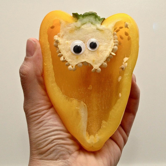 Bell pepper with googly eyes.