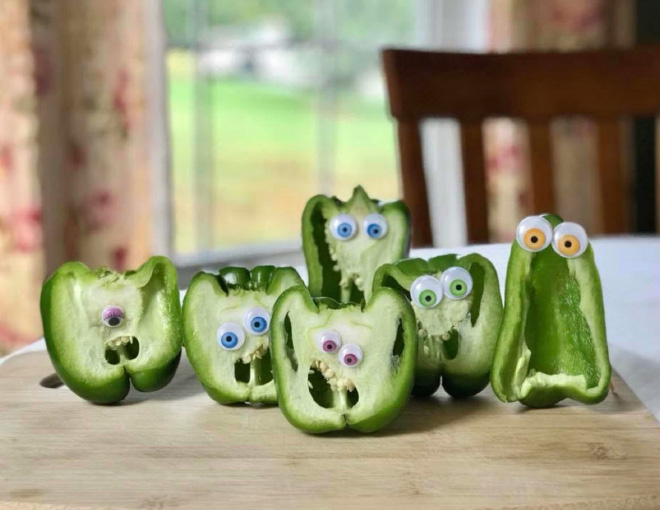 Bell peppers with googly eyes.