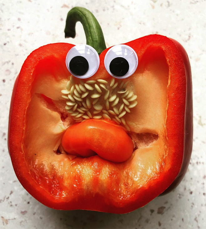 Bell pepper with googly eyes.