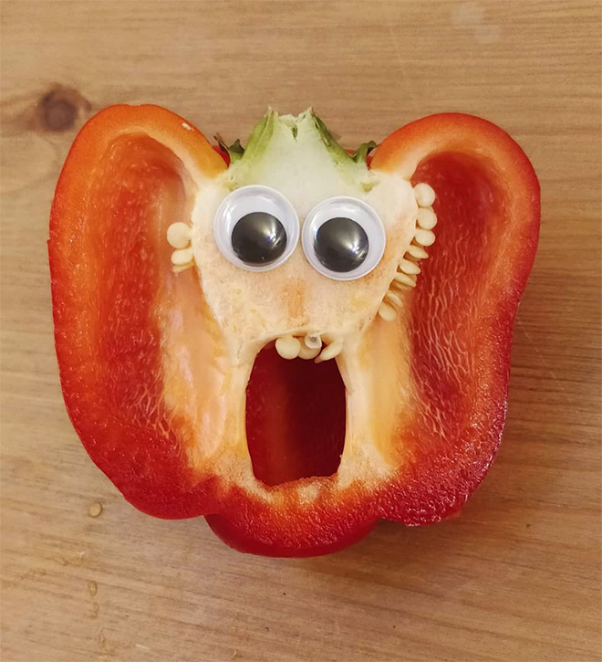 Bell pepper with googly eyes.