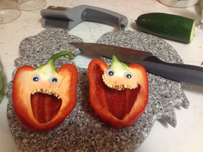 Bell peppers with googly eyes.