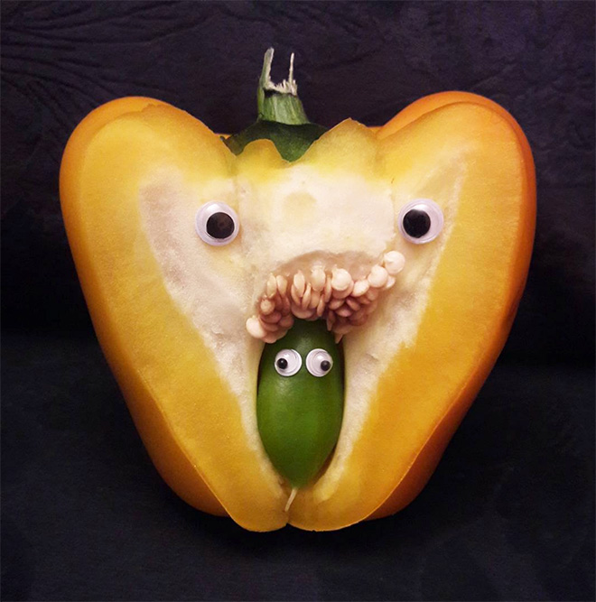 Bell pepper with googly eyes.