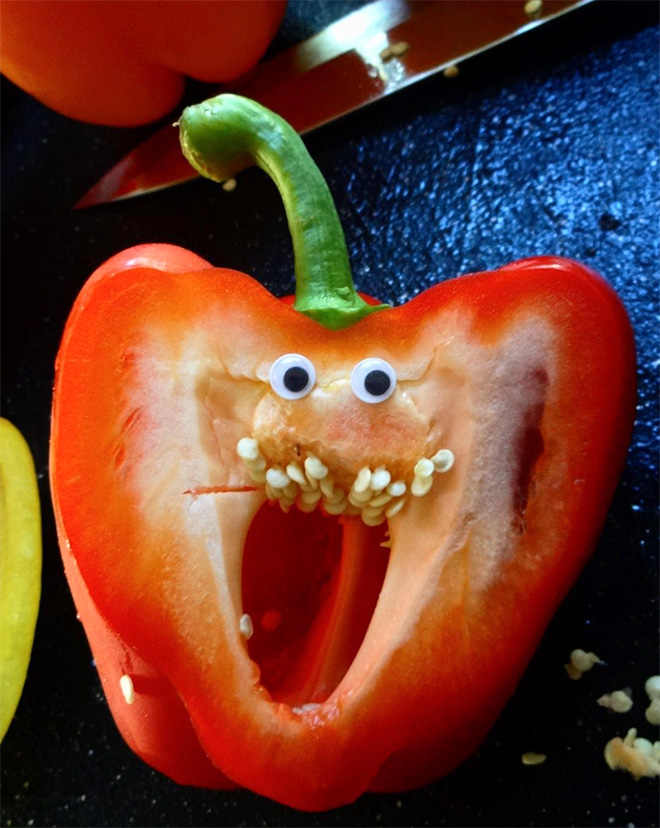 Bell pepper with googly eyes.