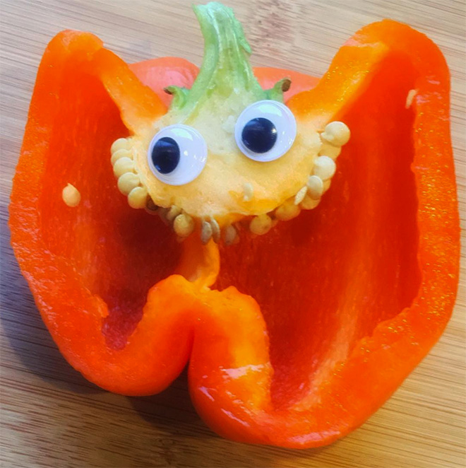 Bell pepper with googly eyes.