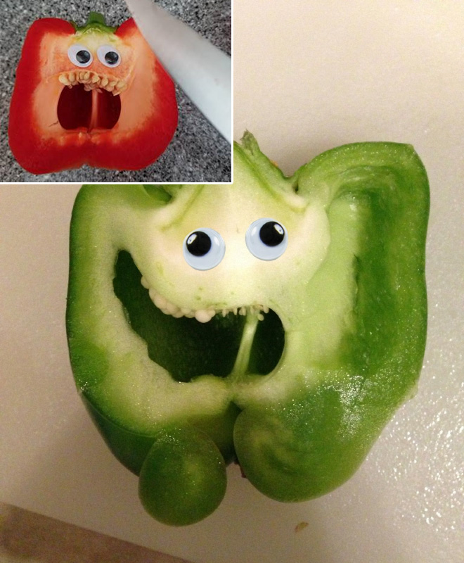 Bell peppers with googly eyes.