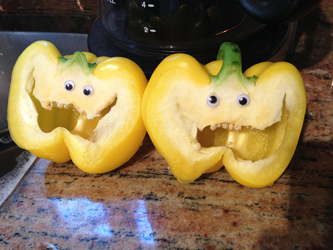 Bell peppers with googly eyes.