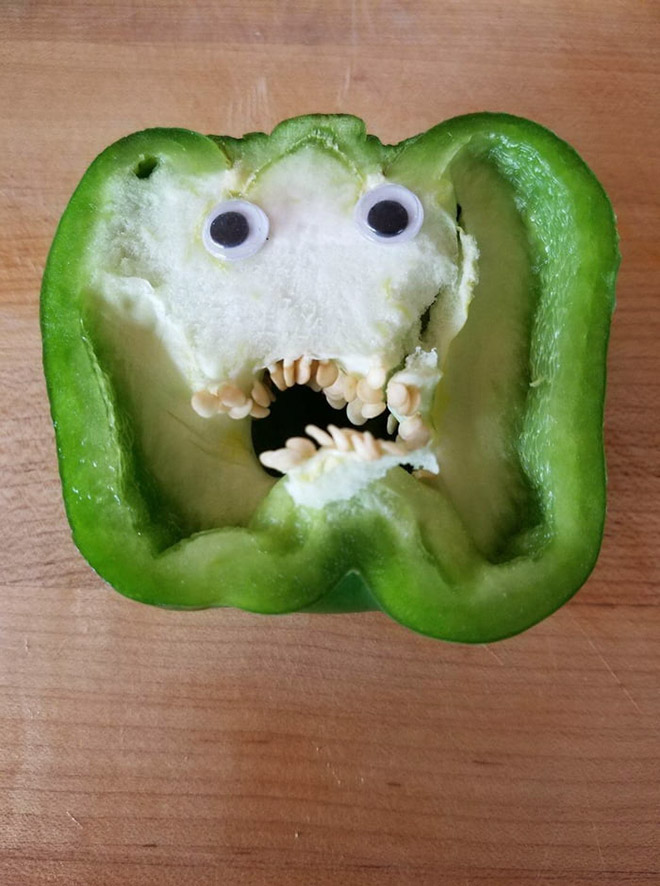 Bell pepper with googly eyes.