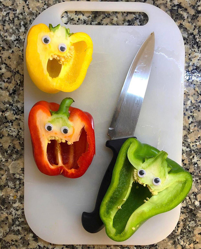 Bell peppers with googly eyes.