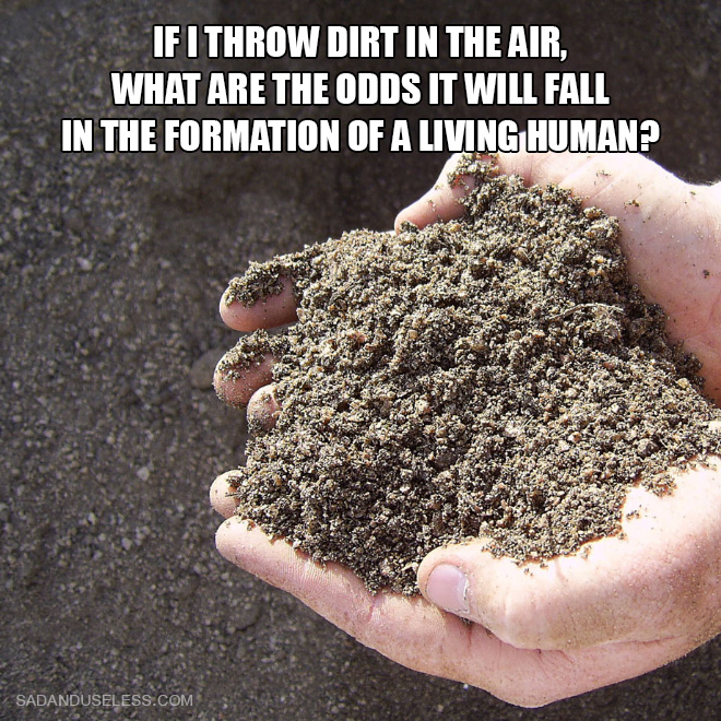 If I throw dirt in the air, what are the odds it will fall in the formation of a living human?