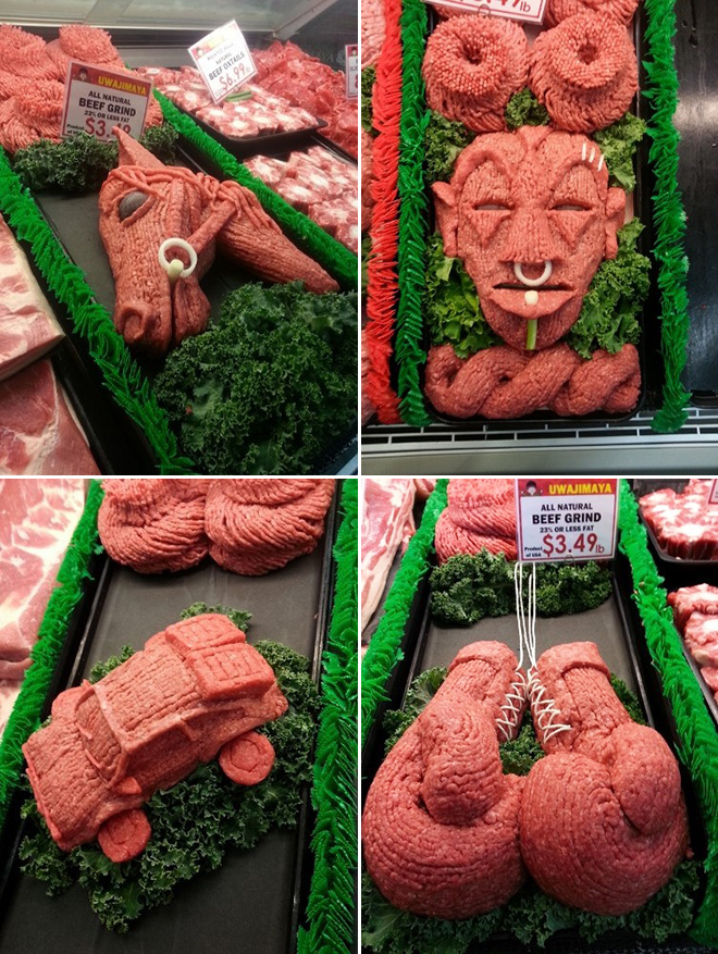 Ground meat sculptures.