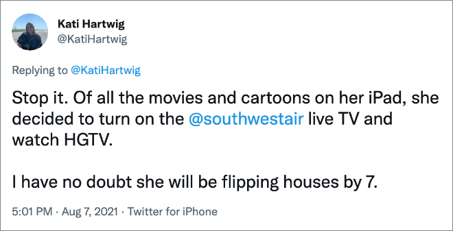 Stop it. Of all the movies and cartoons on her iPad, she decided to turn on the @southwestair live TV and watch HGTV. I have no doubt she will be flipping houses by 7.