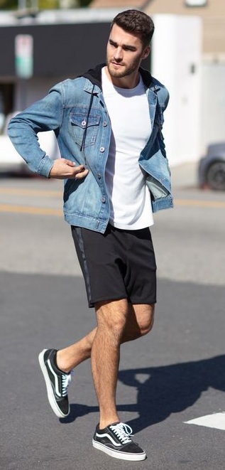 Denim Jacket- White tee-Black Shorts-Outfit-For-Men