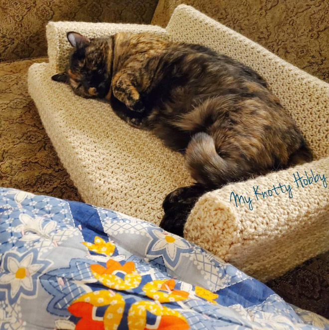 Cat on a tiny crocheted sofa.